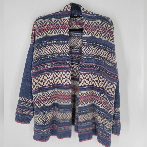 Chaps Womans Open Long Cardigan Blue Southwest Print Cotton Blend Sz Large - Picture 1 of 4